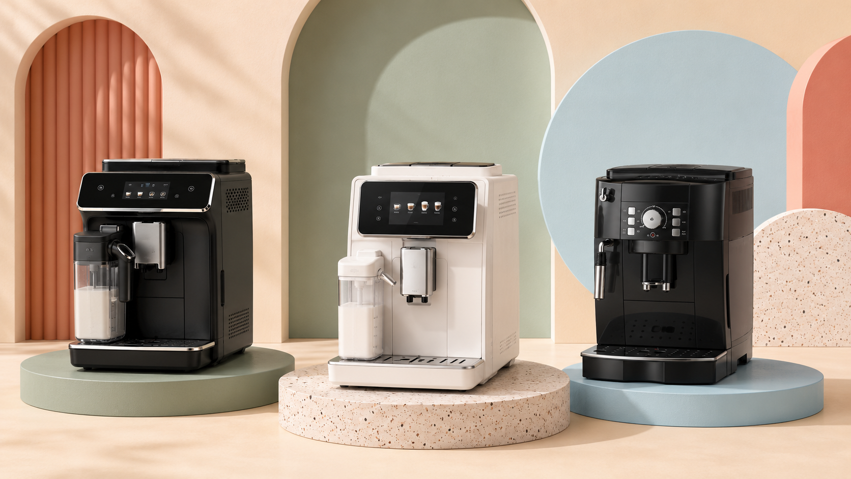 De'Longhi Rivelia, Philips Serie 3300 e De'Longhi Magnifica S in una composizione editoriale